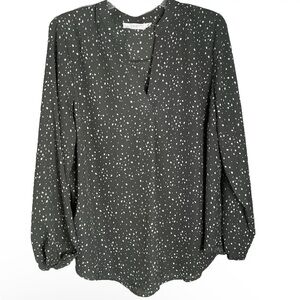 Lush Blouse V-Neck Top Olive /Cream Long Sleeve Lightweight 1X